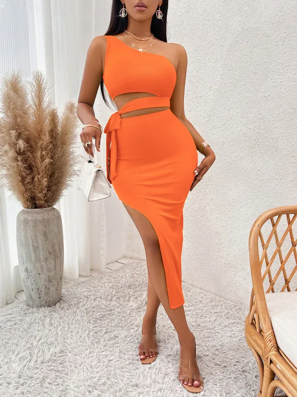 One-Shoulder Knitted Midi Dress with Tied Waist and High Slit