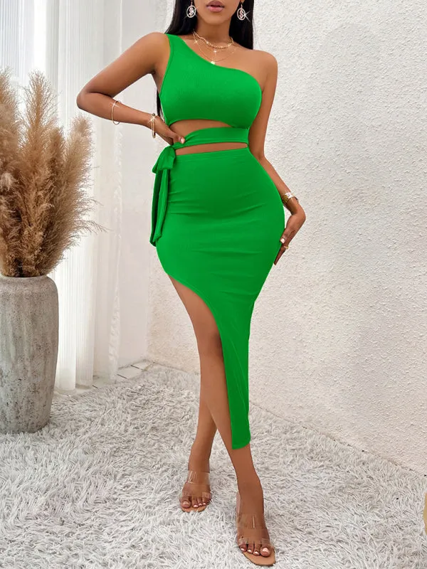 One-Shoulder Knitted Midi Dress with Tied Waist and High Slit