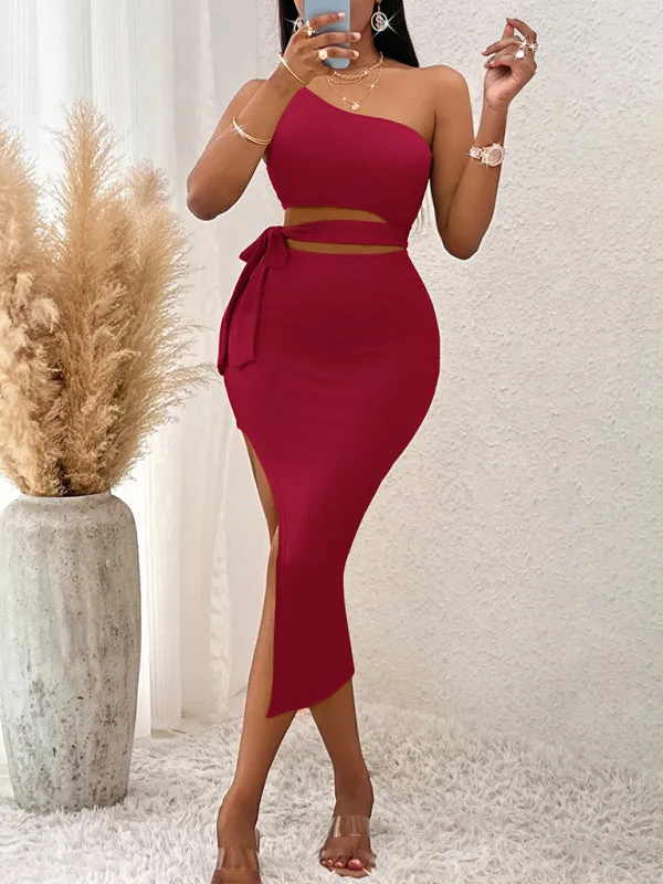 One-Shoulder Knitted Midi Dress with Tied Waist and High Slit