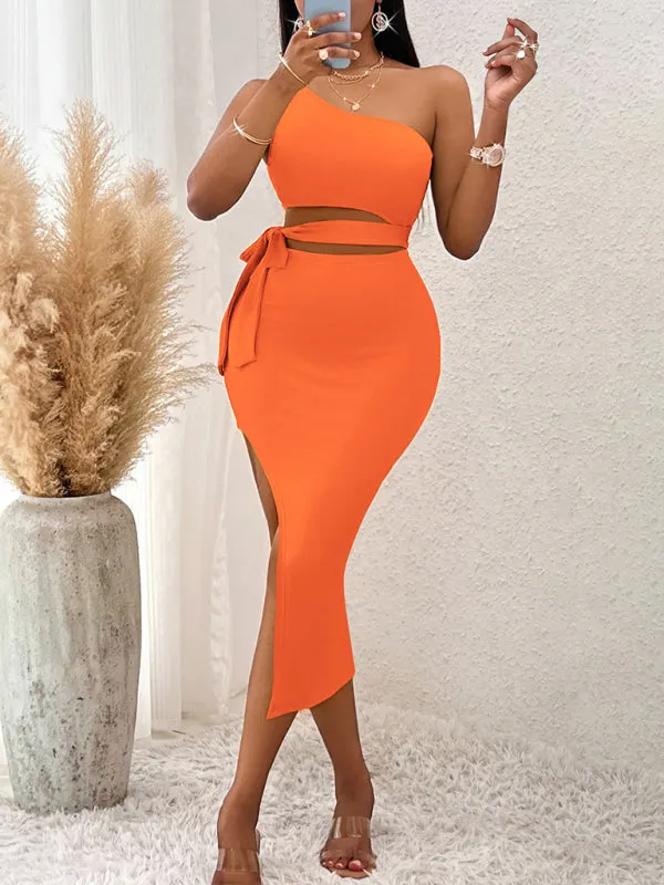One-Shoulder Knitted Midi Dress with Tied Waist and High Slit