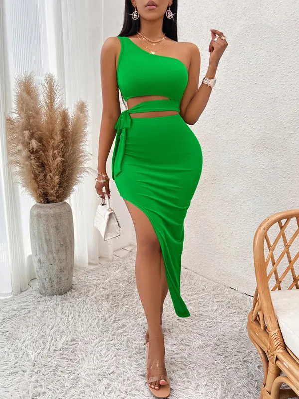 One-Shoulder Knitted Midi Dress with Tied Waist and High Slit