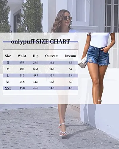 onlypuff Ripped Denim Shorts for Women Cut Off Summer Jean Shorts High Waisted Ripped Jean Shorts Mid Rise Blue
