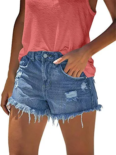 onlypuff Ripped Denim Shorts for Women Cut Off Summer Jean Shorts High Waisted Ripped Jean Shorts Mid Rise Blue
