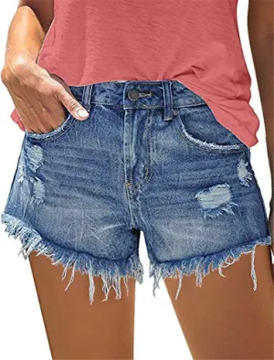 onlypuff Ripped Denim Shorts for Women Cut Off Summer Jean Shorts High Waisted Ripped Jean Shorts Mid Rise Blue