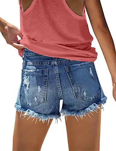 onlypuff Ripped Denim Shorts for Women Cut Off Summer Jean Shorts High Waisted Ripped Jean Shorts Mid Rise Blue