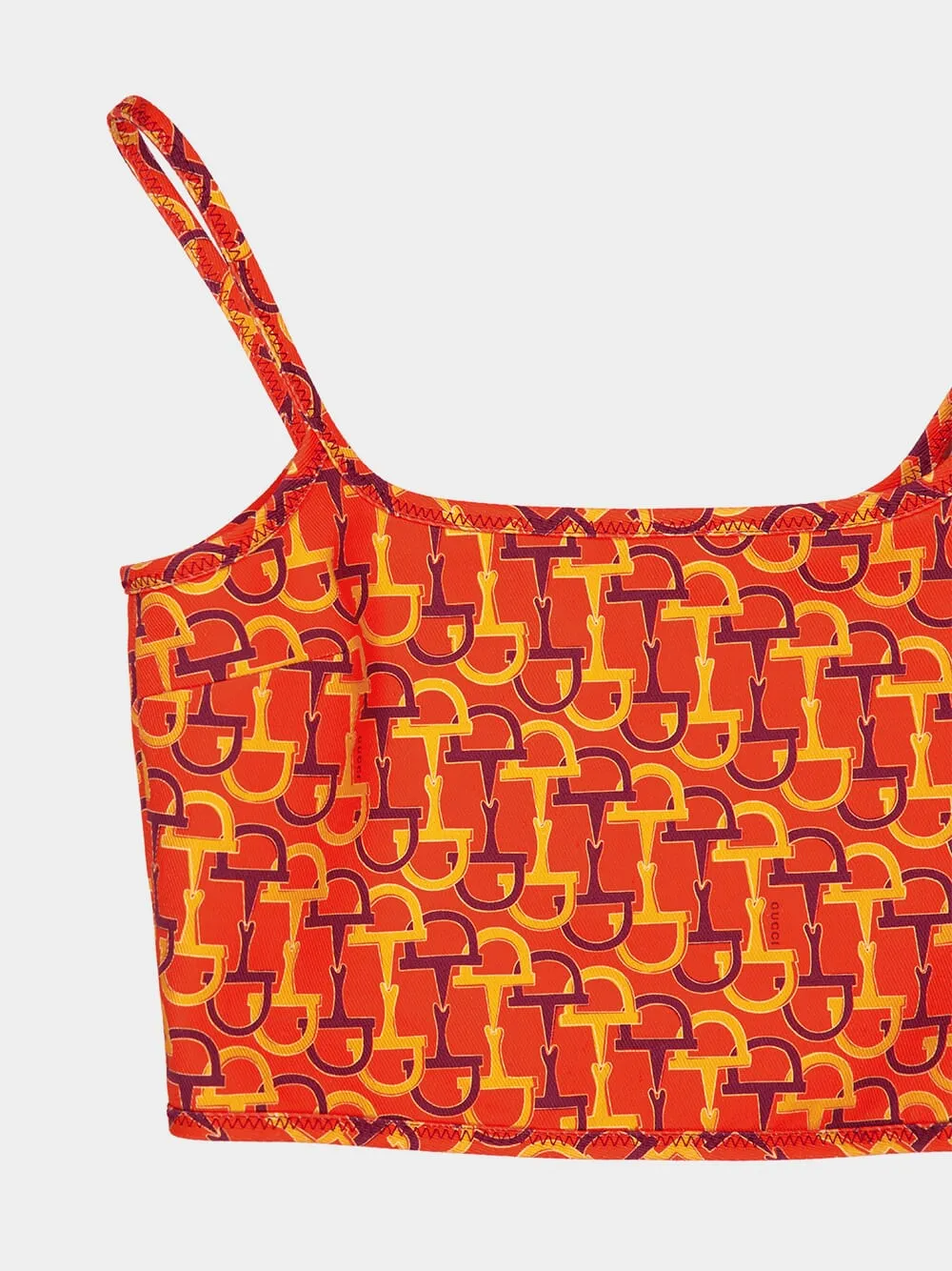 Orange Printed Silk Crop Top with Horsebit Motif