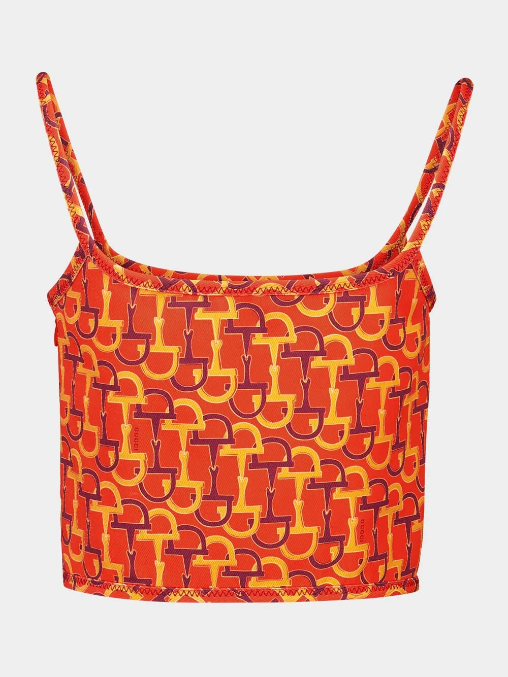 Orange Printed Silk Crop Top with Horsebit Motif