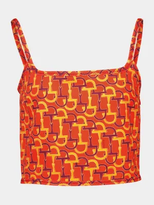 Orange Printed Silk Crop Top with Horsebit Motif