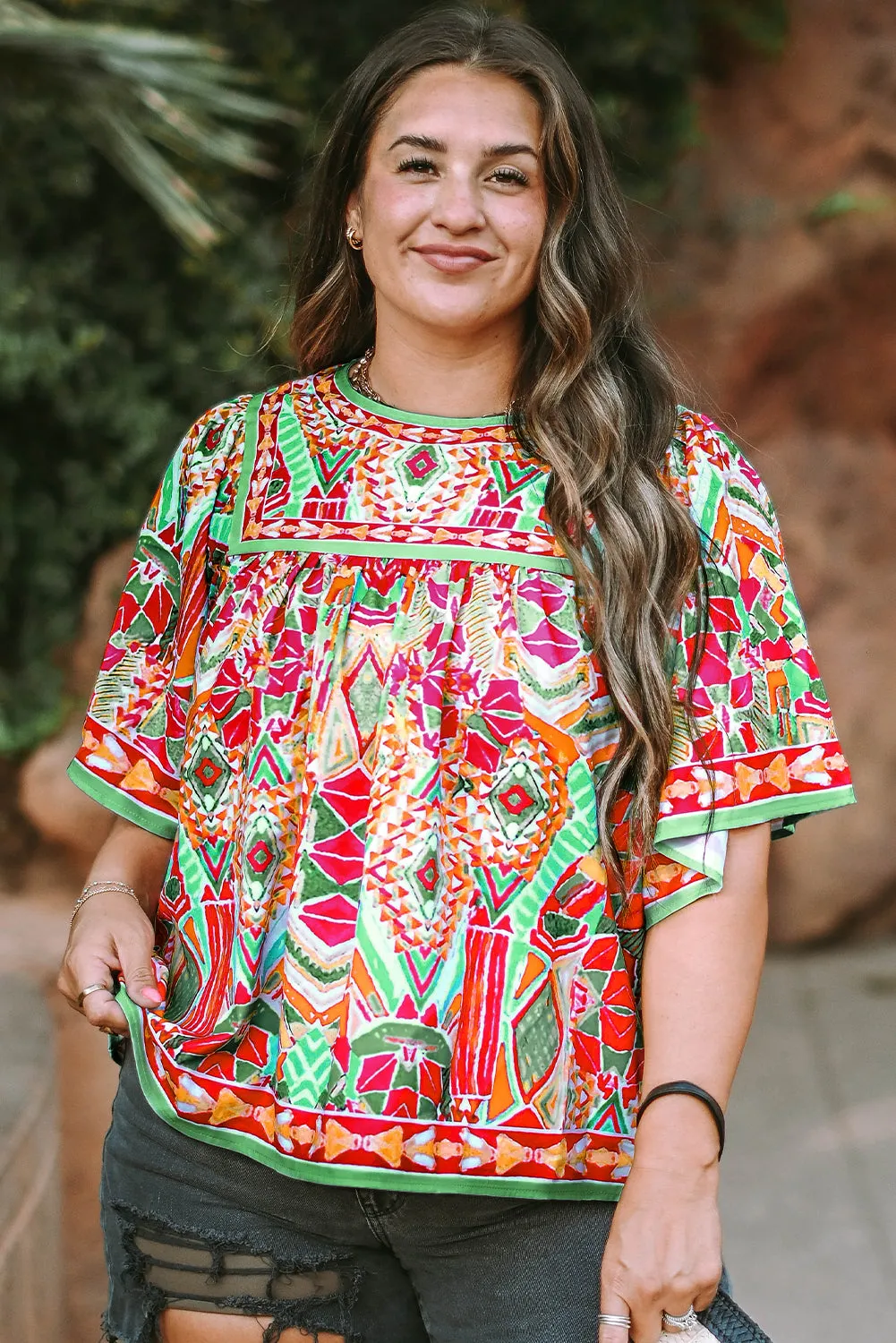 Orange Western Geometric Print Cuffed Shift Shirt Dress