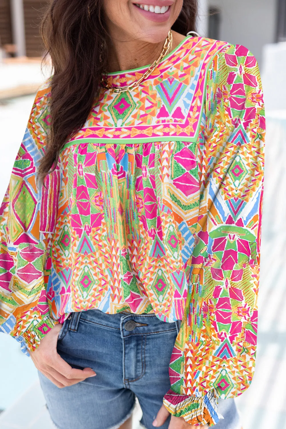 Orange Western Geometric Print Cuffed Shift Shirt Dress