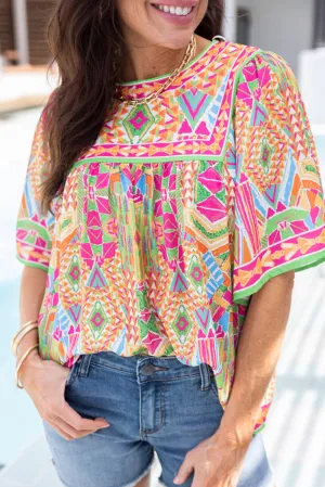 Orange Western Geometric Print Cuffed Shift Shirt Dress