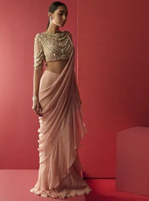 Peach Chiffon Draped Saree And Blouse
