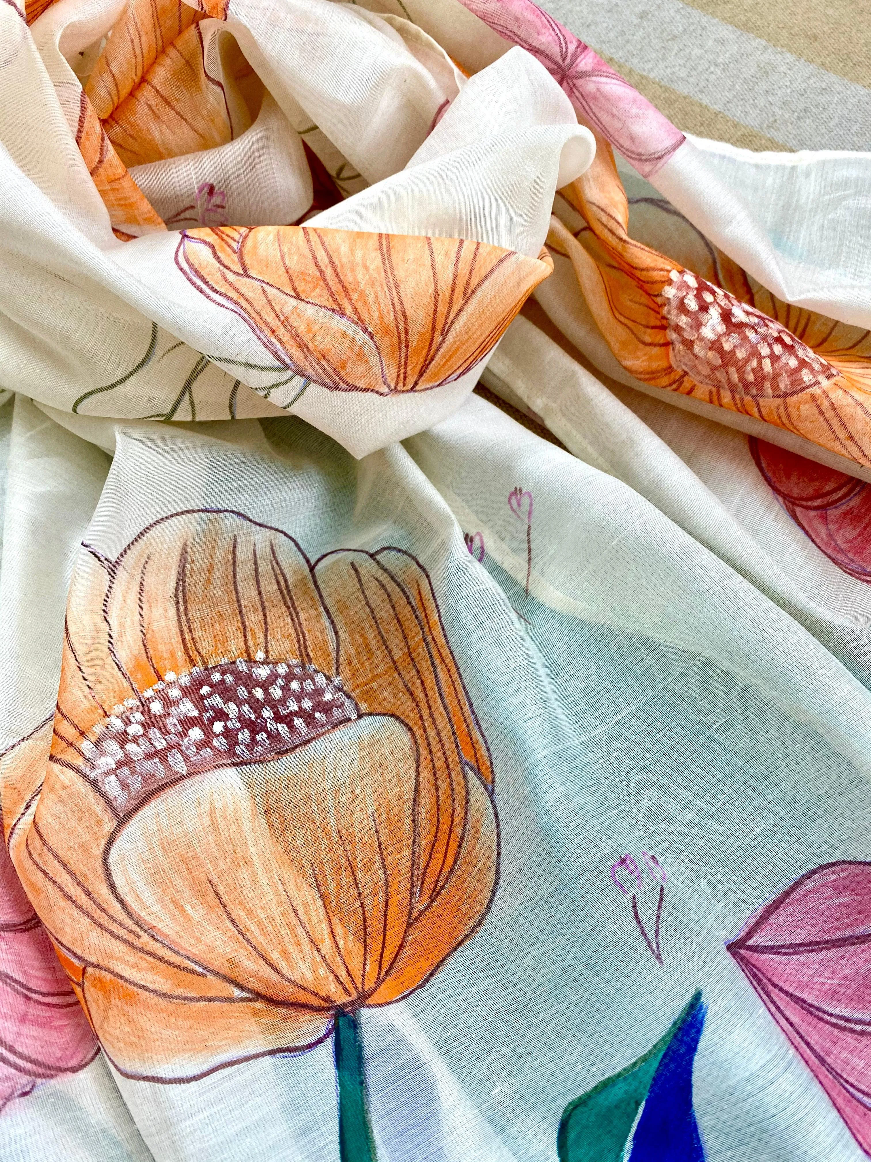 Peachy Pink Hand Painted Silk Cotton Scarf