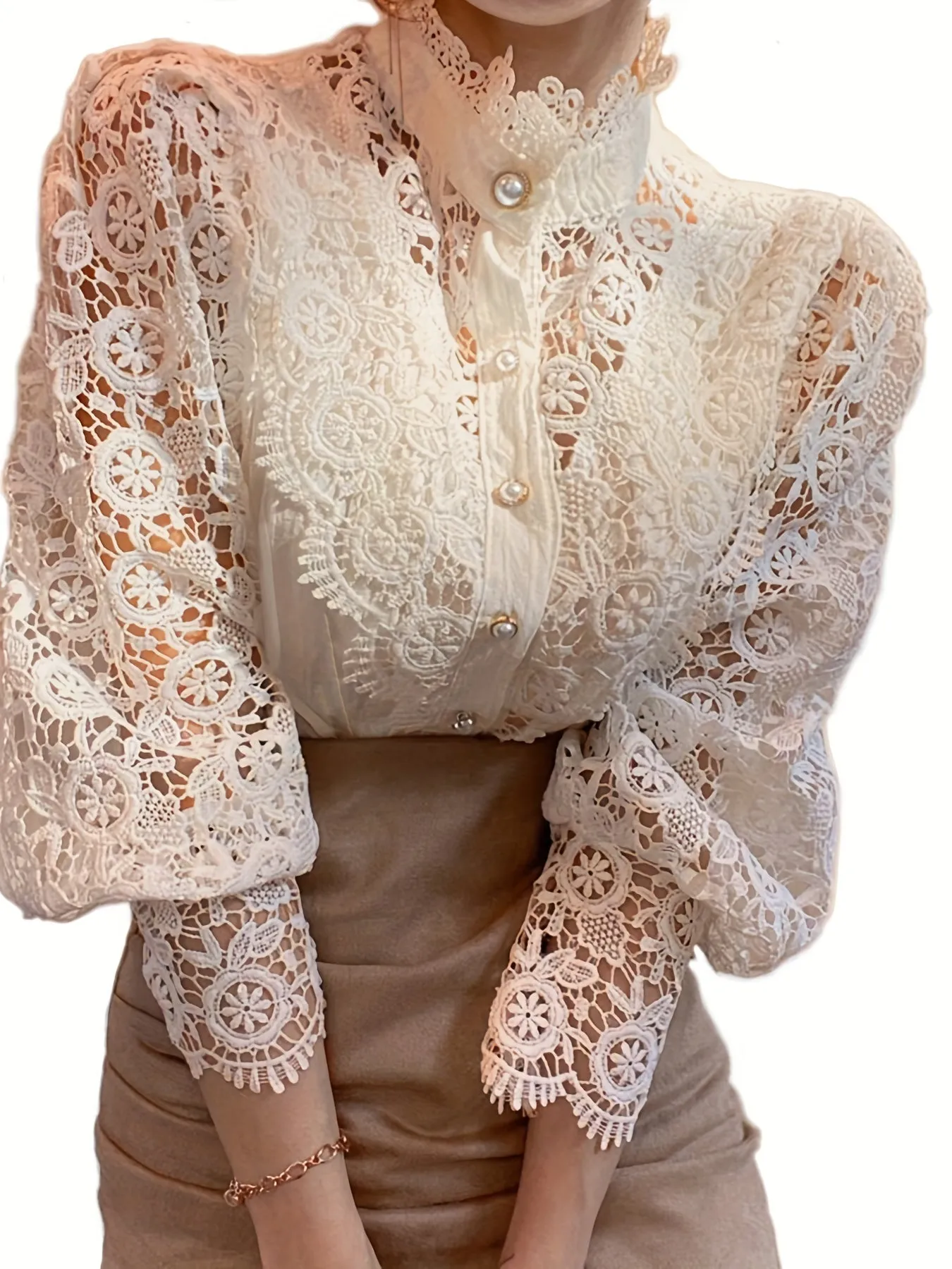 Pearl Closure Lace Blouse - Lace Details & Long Sleeves