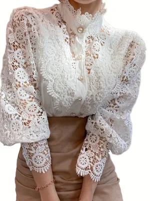 Pearl Closure Lace Blouse - Lace Details & Long Sleeves