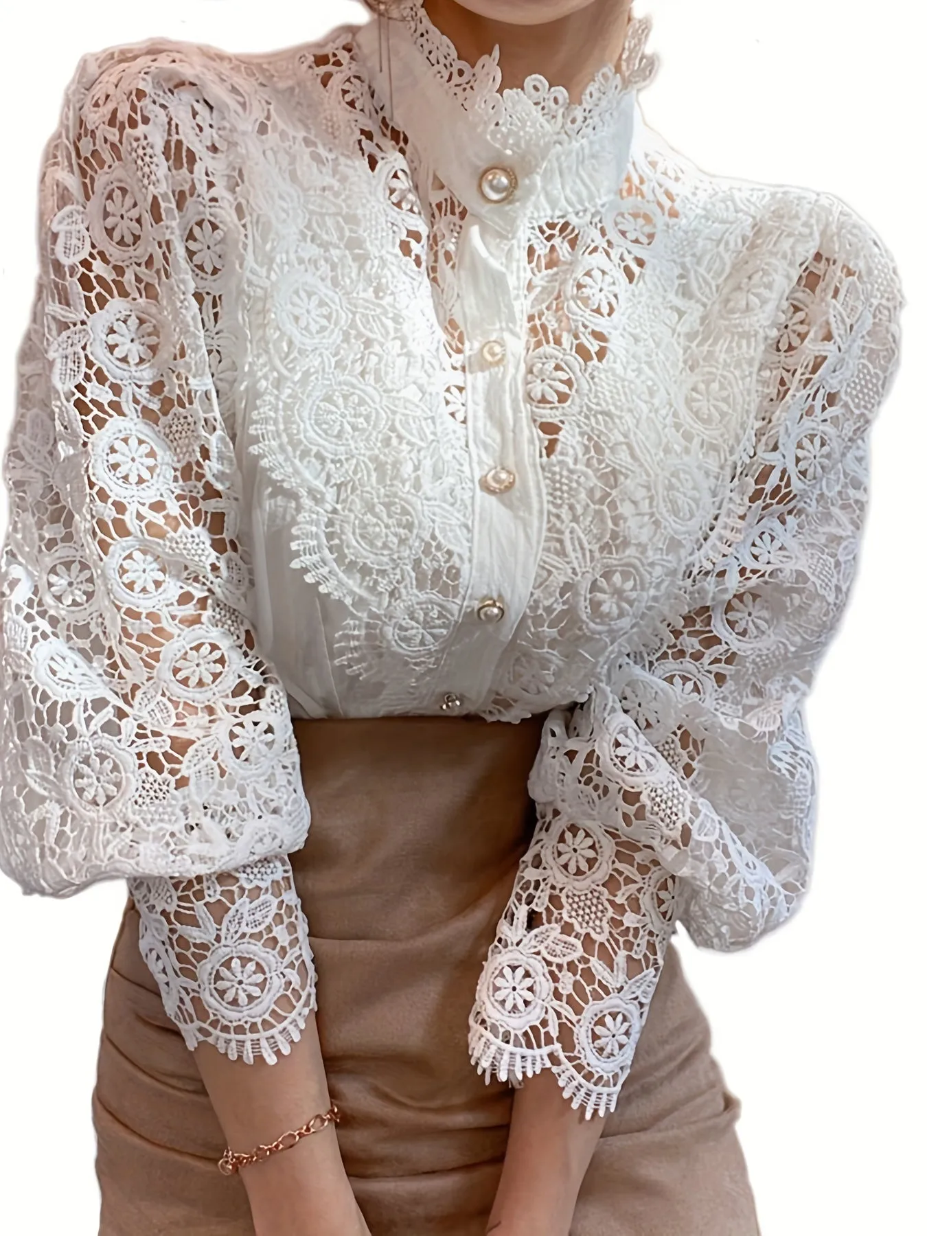 Pearl Closure Lace Blouse - Lace Details & Long Sleeves