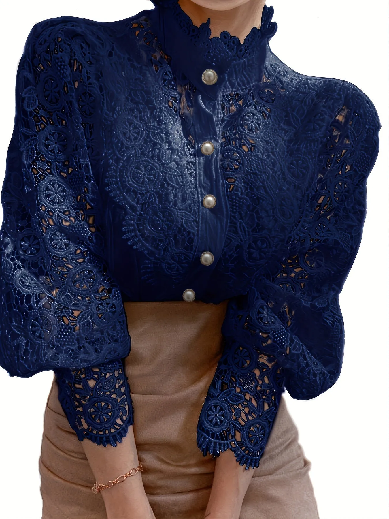 Pearl Closure Lace Blouse - Lace Details & Long Sleeves