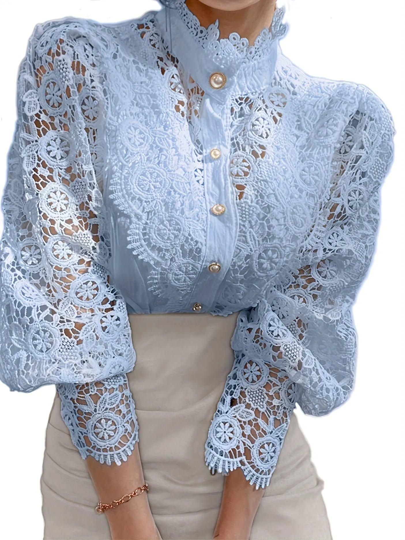 Pearl Closure Lace Blouse - Lace Details & Long Sleeves