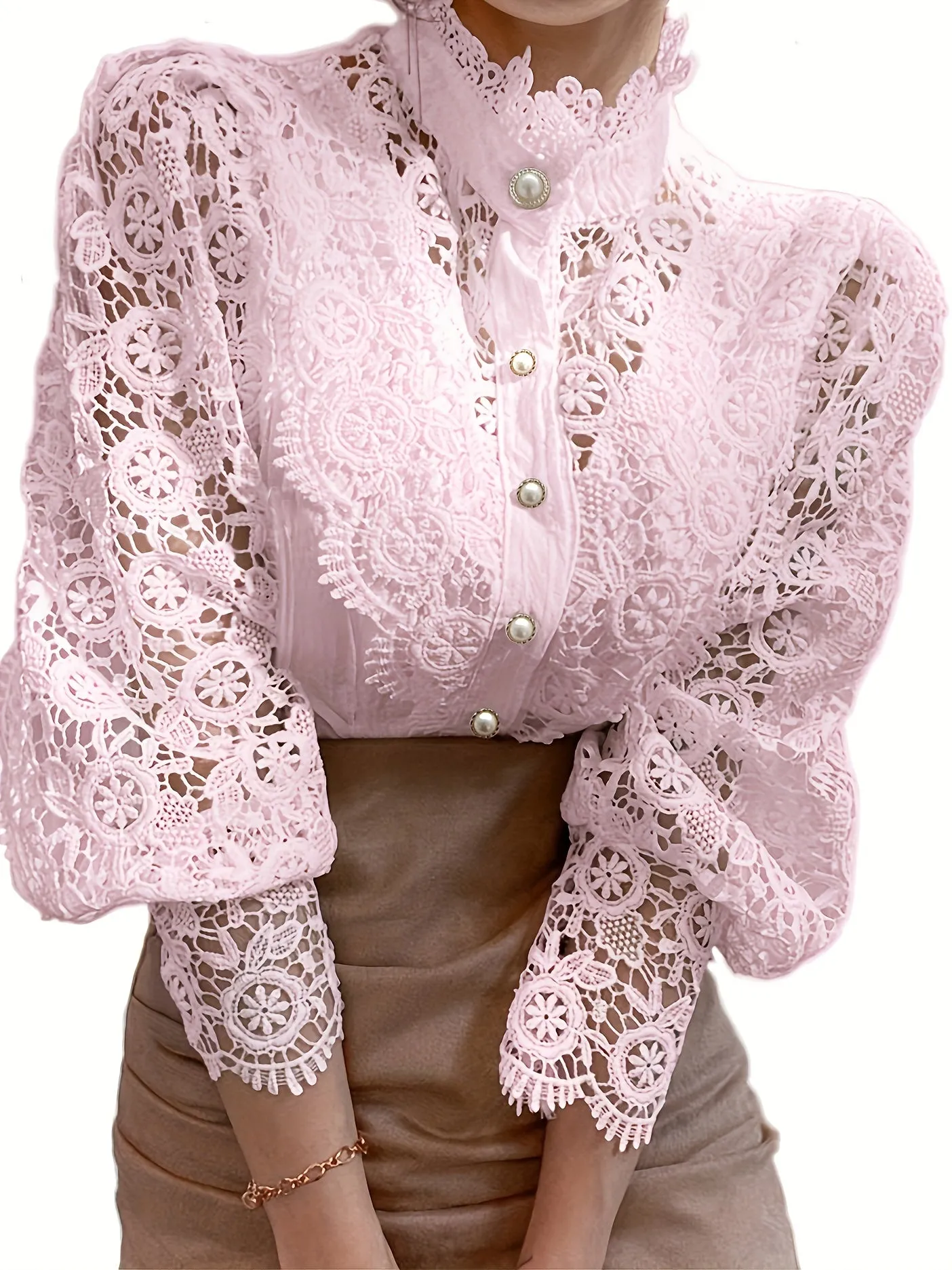 Pearl Closure Lace Blouse - Lace Details & Long Sleeves