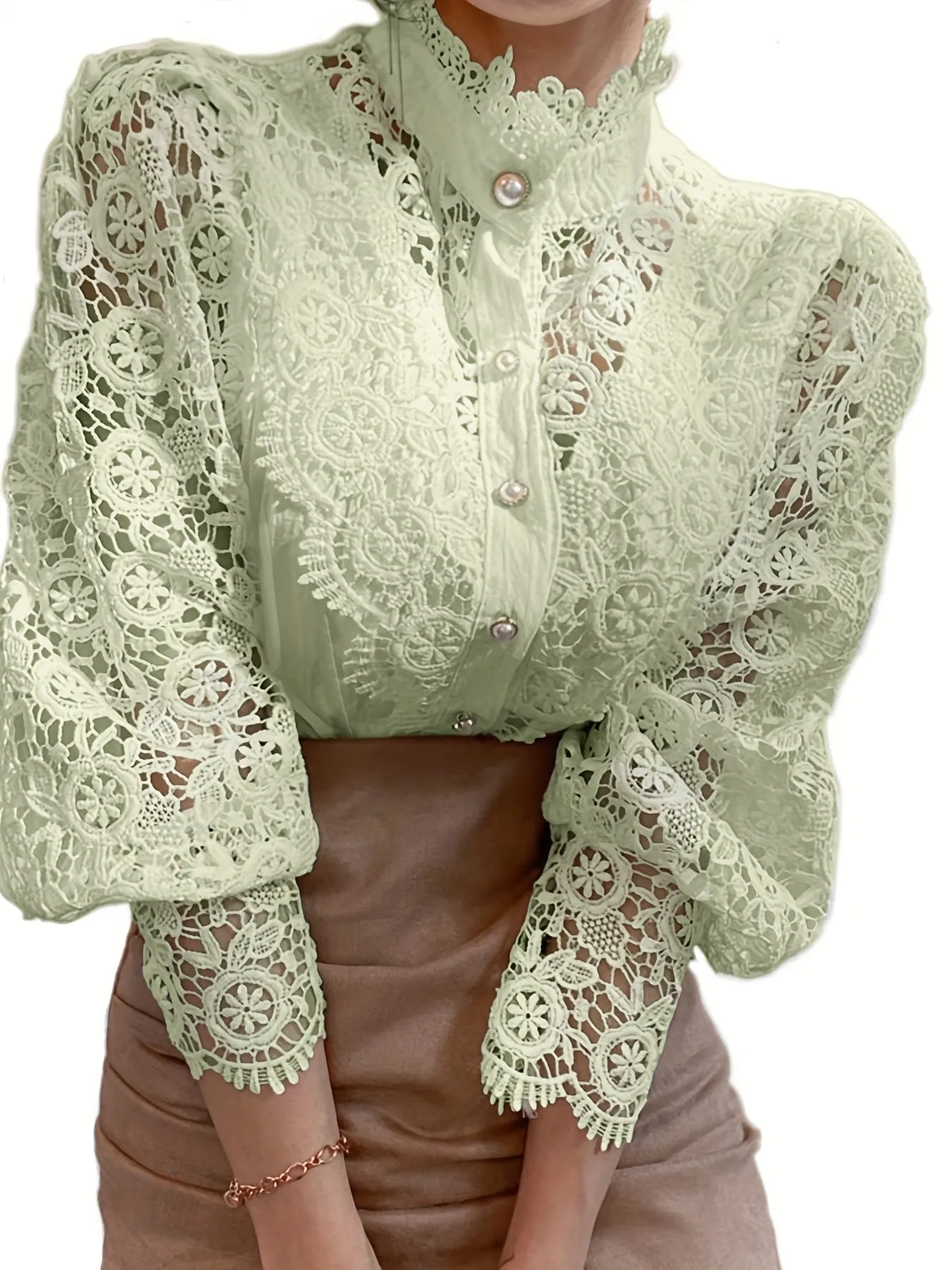 Pearl Closure Lace Blouse - Lace Details & Long Sleeves