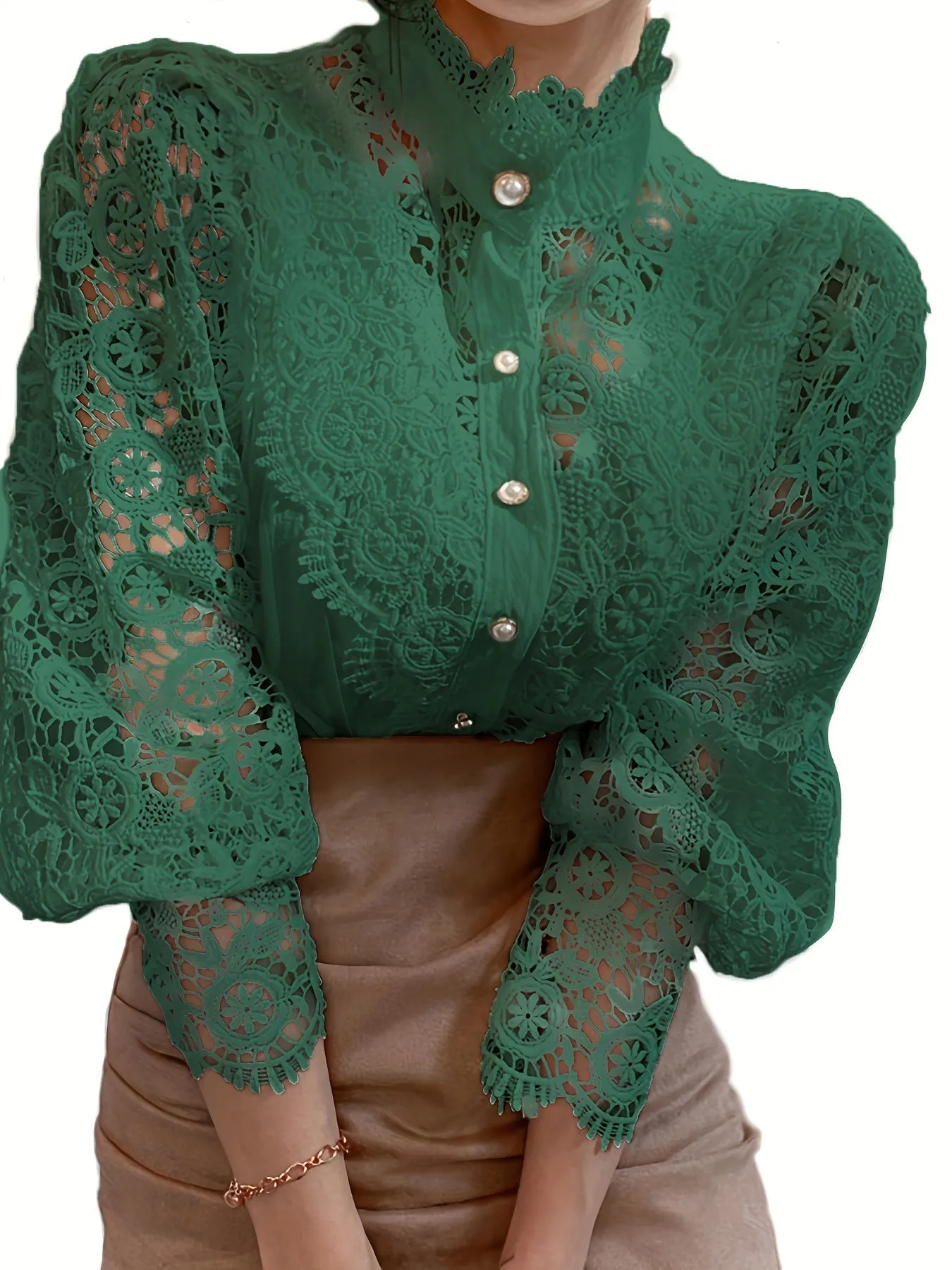 Pearl Closure Lace Blouse - Lace Details & Long Sleeves