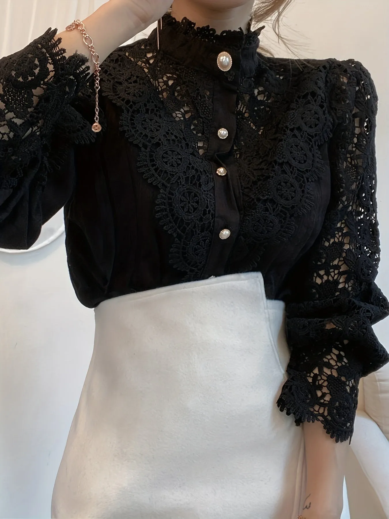 Pearl Closure Lace Blouse - Lace Details & Long Sleeves
