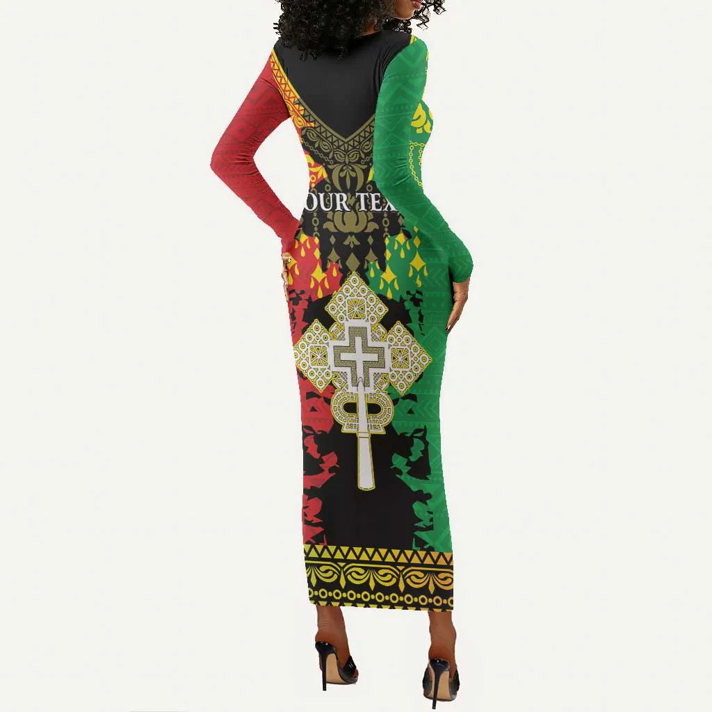 Personalised Afro Ethiopia Long Sleeve Bodycon Dress Lion Of Judah - African Pattern LT15