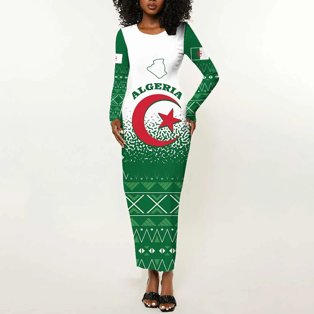 Personalized Afro Algeria Long Sleeve Bodycon Dress Coat Of Arms African Pattern LT14