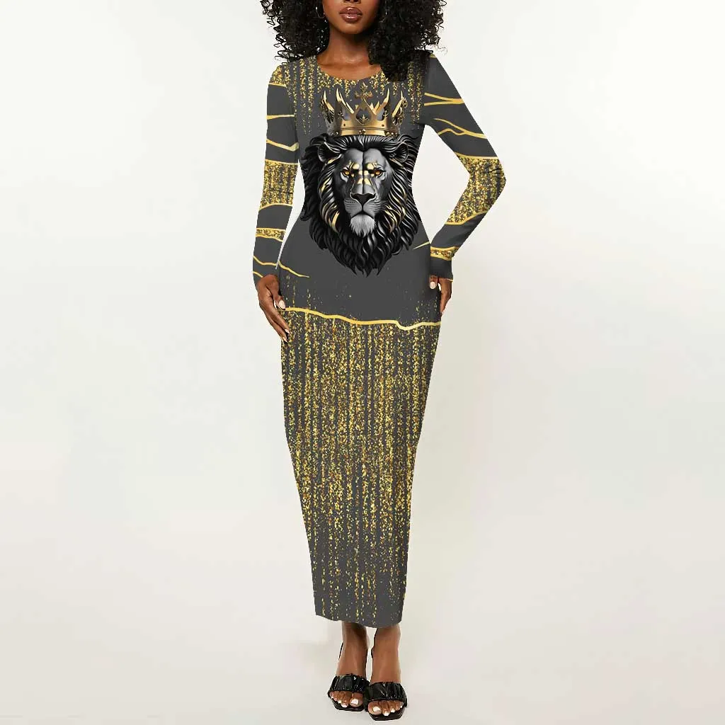 Personalized Black and Gold Lion Africa Long Sleeve Bodycon Dress DT03