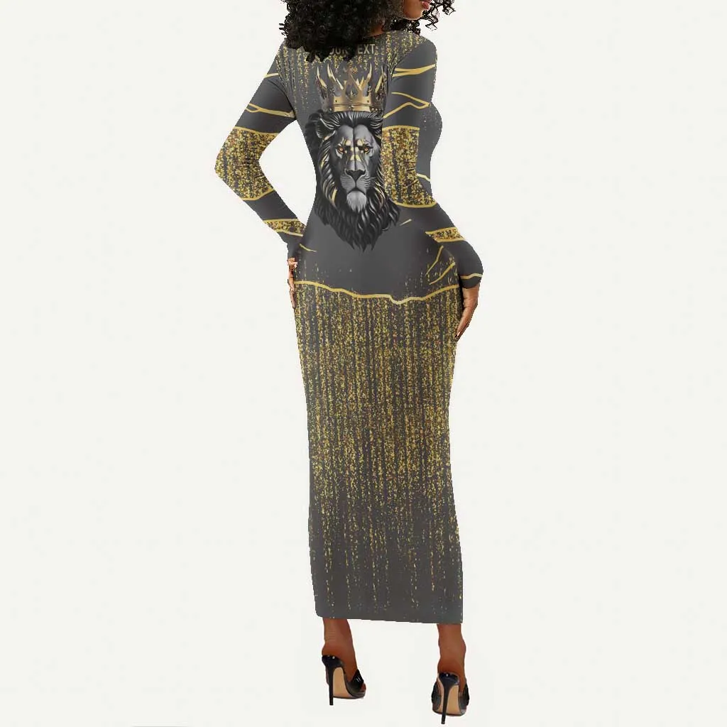 Personalized Black and Gold Lion Africa Long Sleeve Bodycon Dress DT03