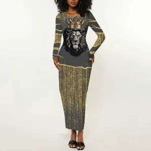 Personalized Black and Gold Lion Africa Long Sleeve Bodycon Dress DT03