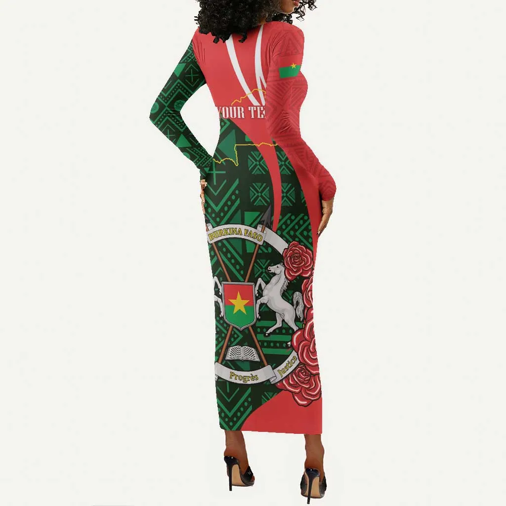 Personalized Burkina Faso Republic Day Long Sleeve Bodycon Dress Bogolan Mudcloth - Coat Of Arms Design LT14