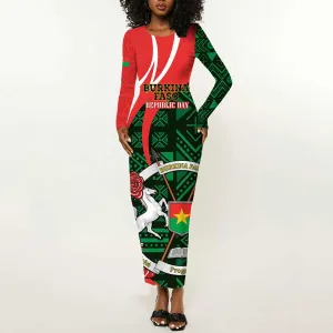 Personalized Burkina Faso Republic Day Long Sleeve Bodycon Dress Bogolan Mudcloth - Coat Of Arms Design LT14