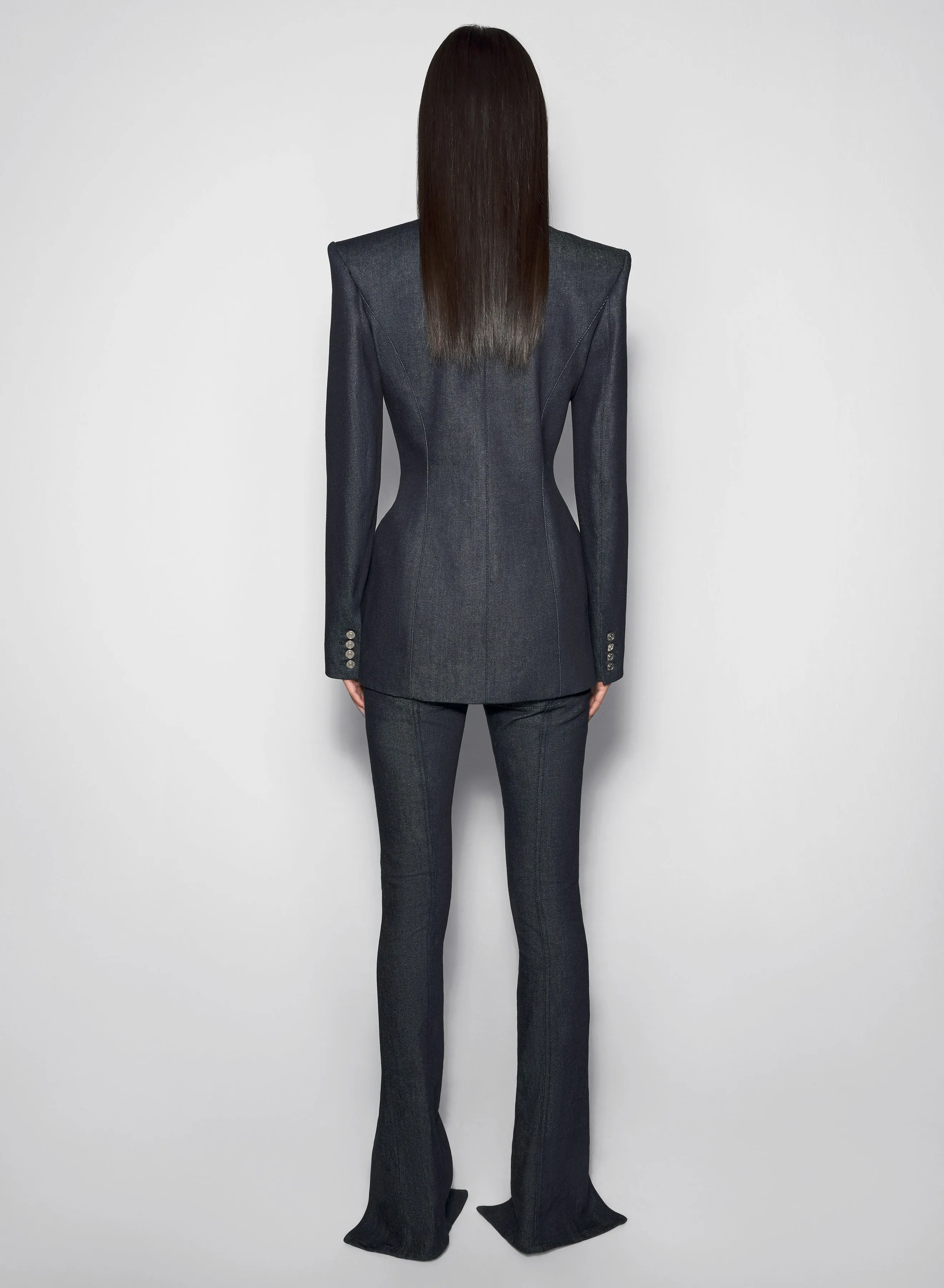 pierced tailored raw denim jacket