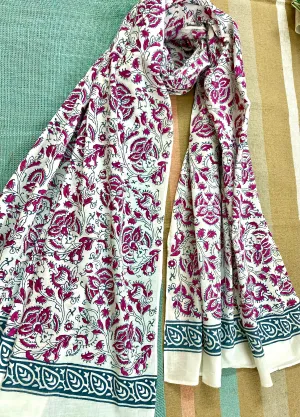 Pink & Grey Kalamkari Block Printed Voile Cotton Scarf