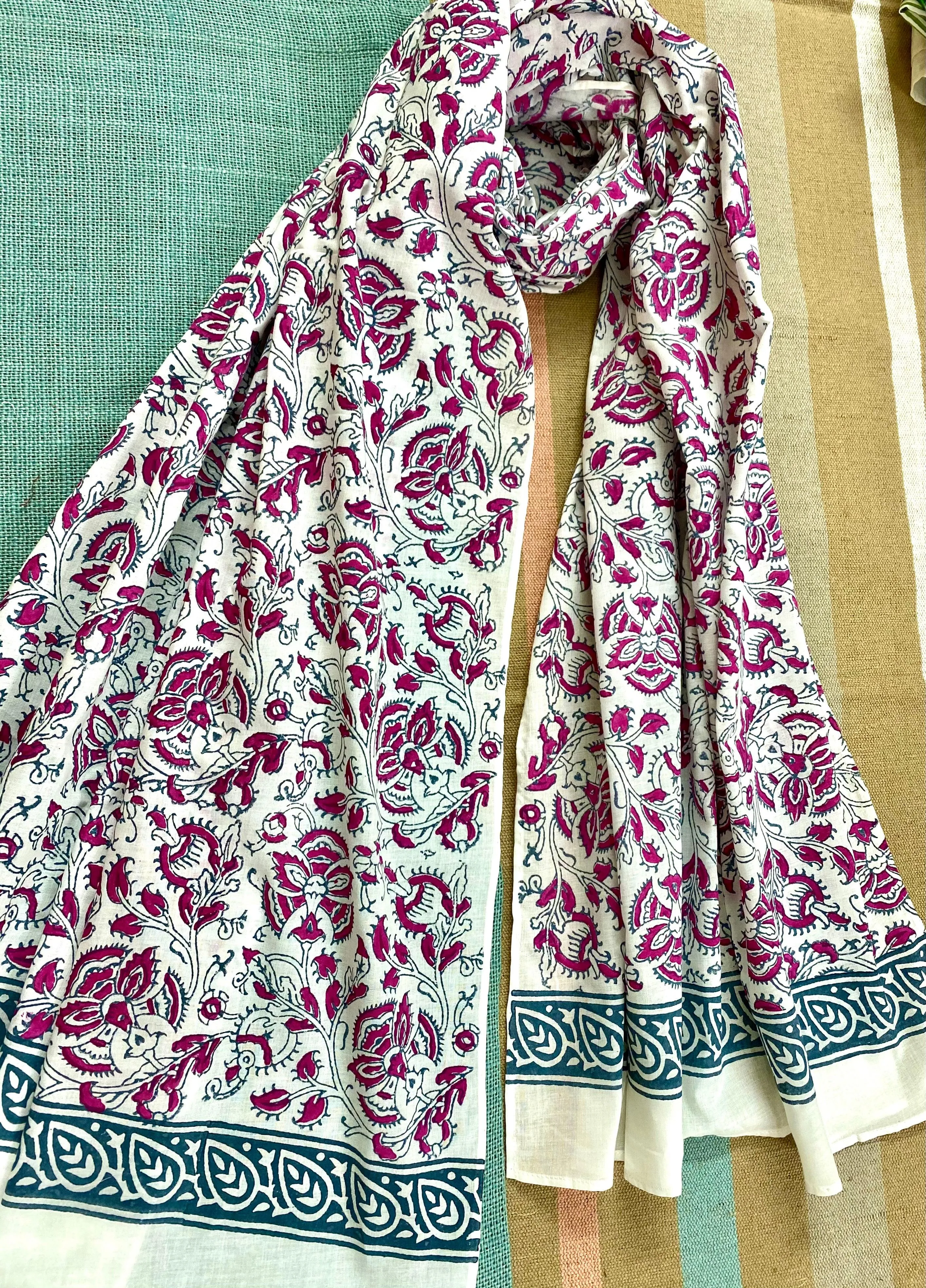 Pink & Grey Kalamkari Block Printed Voile Cotton Scarf