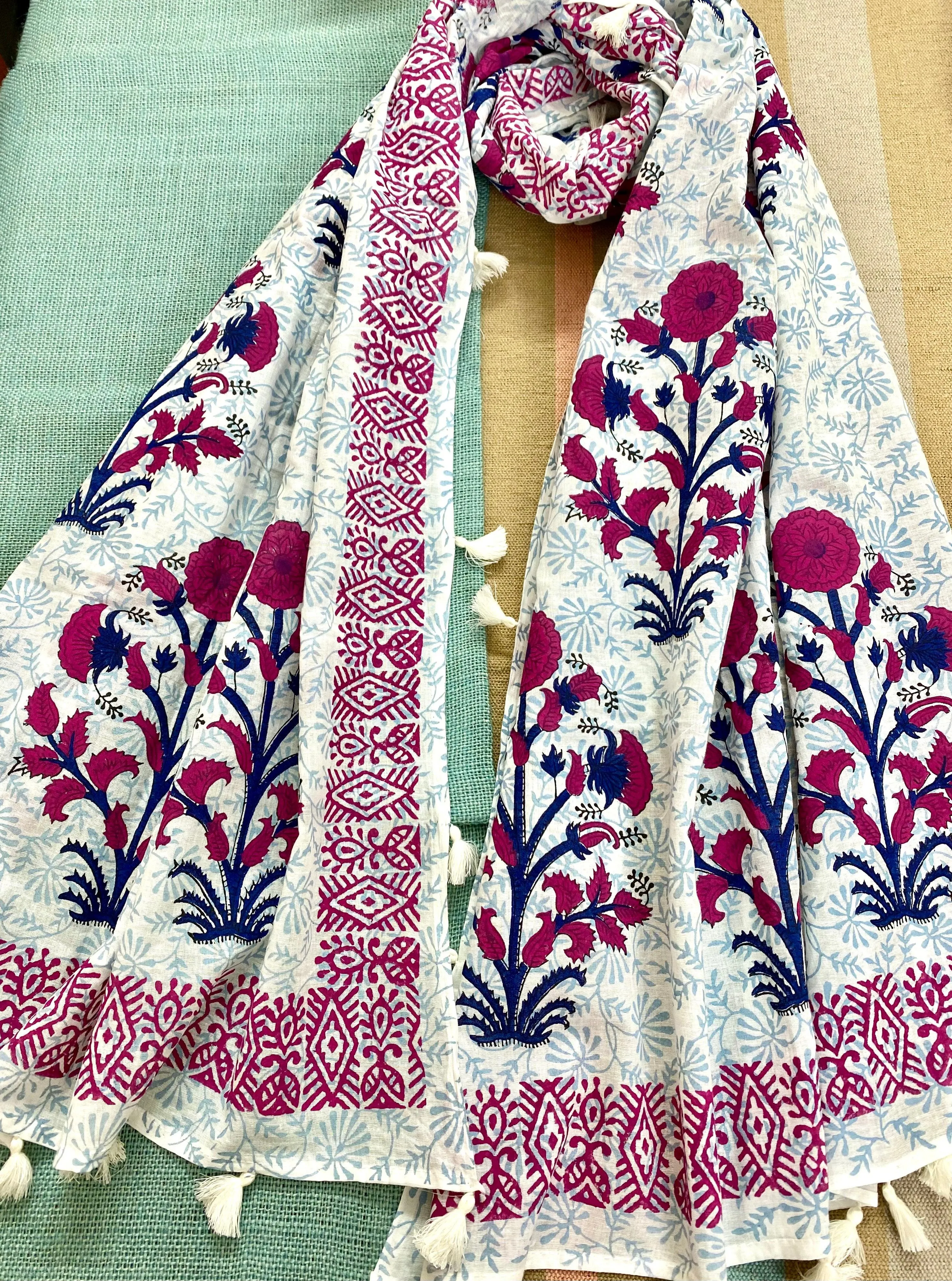 Pink & Navy Block Printed Muslin Scarf