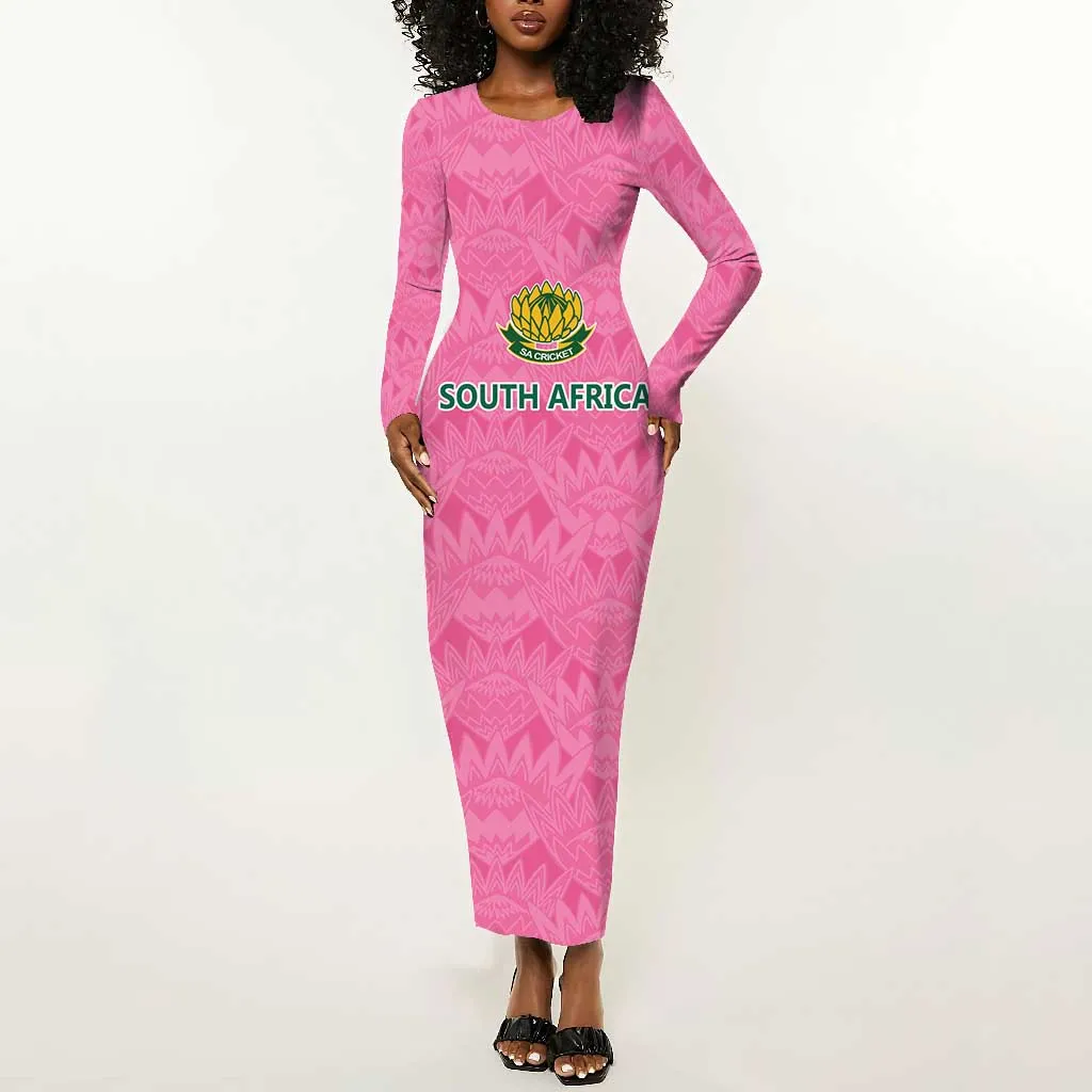 Pink South Africa Cricket Custom Long Sleeve Bodycon Dress African King Proteas Be Way Pink LT9