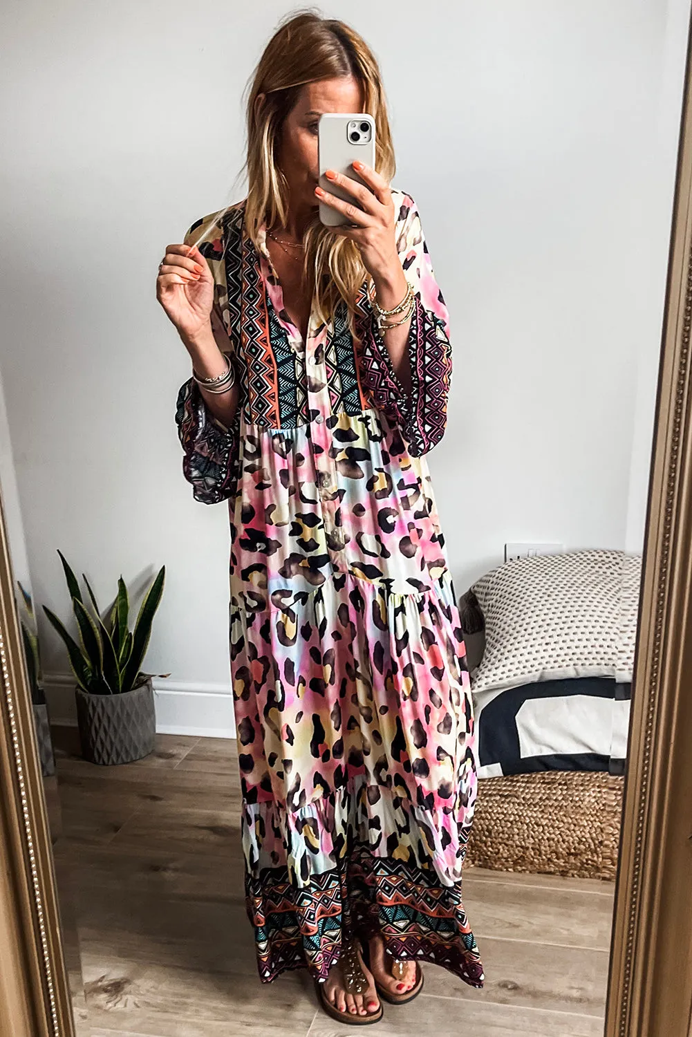 Pink Western Leopard Printed 3/4 Sleeve Buttoned Front Tiered Maxi Dress