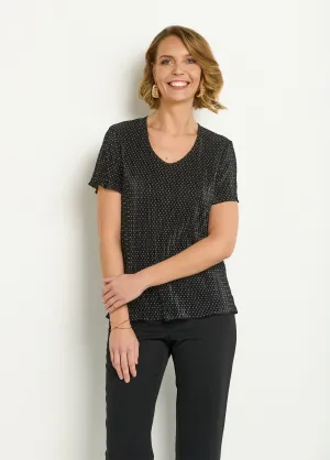 Pleated polka dot t-shirt with flared round neck
