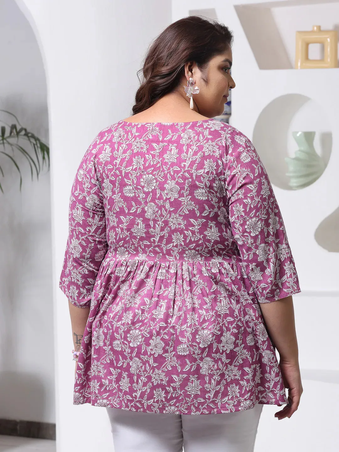 Plus Size Women Floral Printed Cotton Peplum Top-TOPPURPLEHAZELPLUS