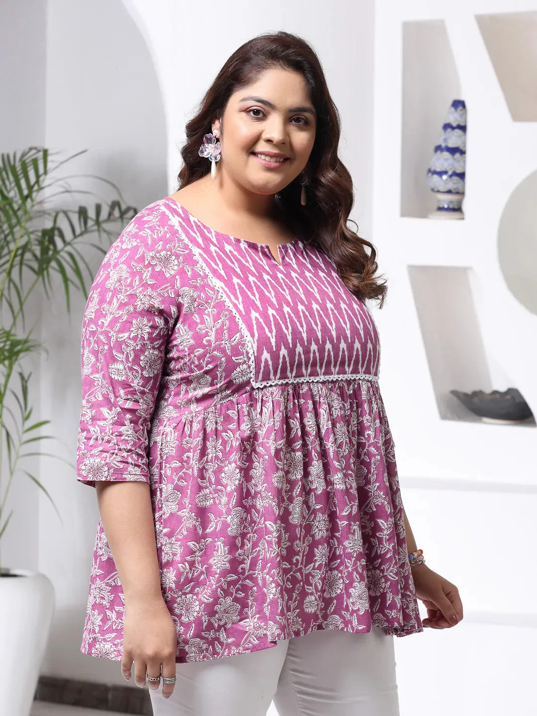 Plus Size Women Floral Printed Cotton Peplum Top-TOPPURPLEHAZELPLUS