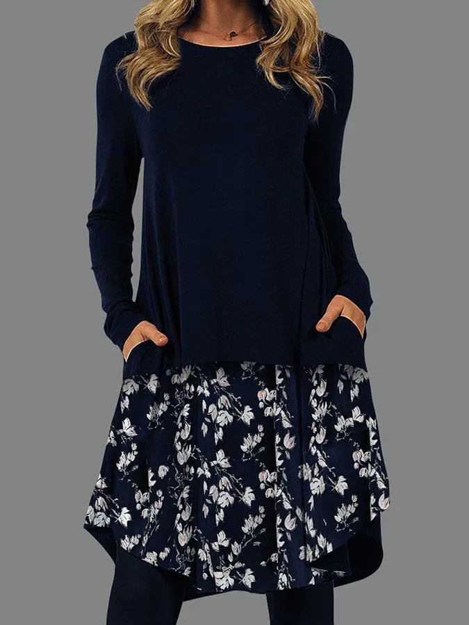 Pockets Shift Round Neck Long Sleeve Dresses
