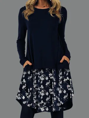 Pockets Shift Round Neck Long Sleeve Dresses