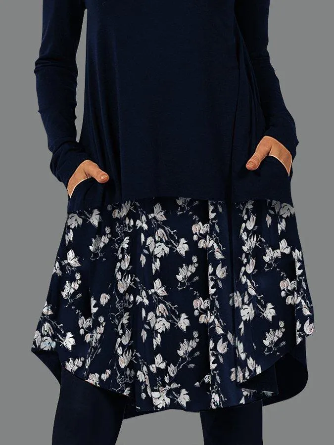 Pockets Shift Round Neck Long Sleeve Dresses