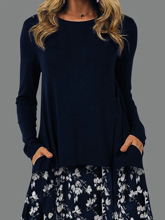 Pockets Shift Round Neck Long Sleeve Dresses