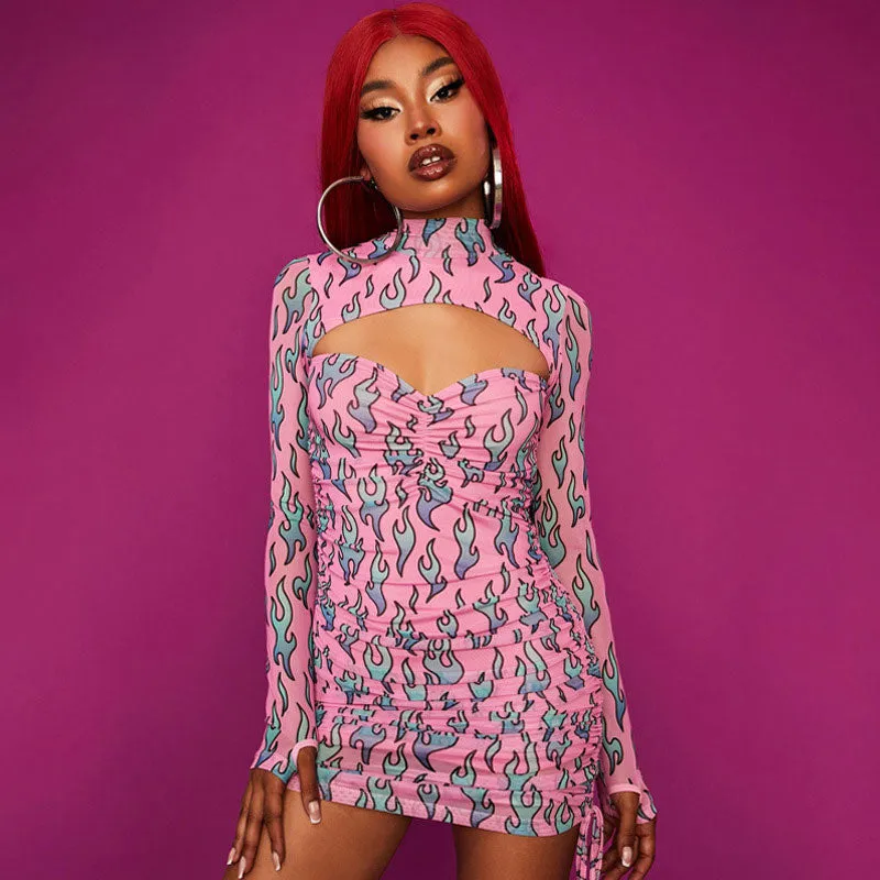 Print High Neck Drawstring Cut Out Long Sleeve Mini Dress - Pink