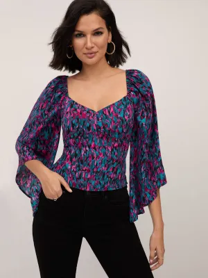 Printed Drape-Sleeve Corset Top