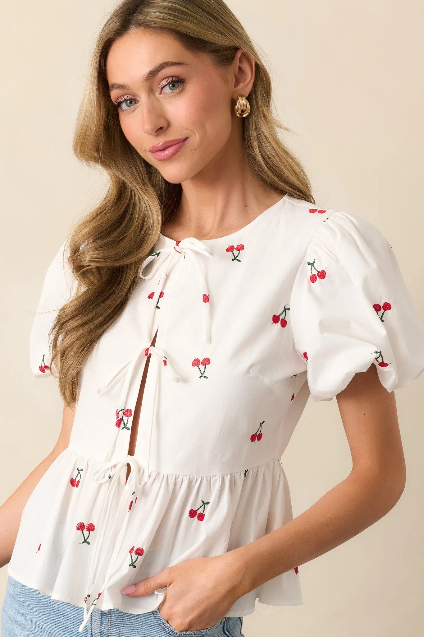 Pucker Up White Cotton Cherry Embroidered Peplum Top