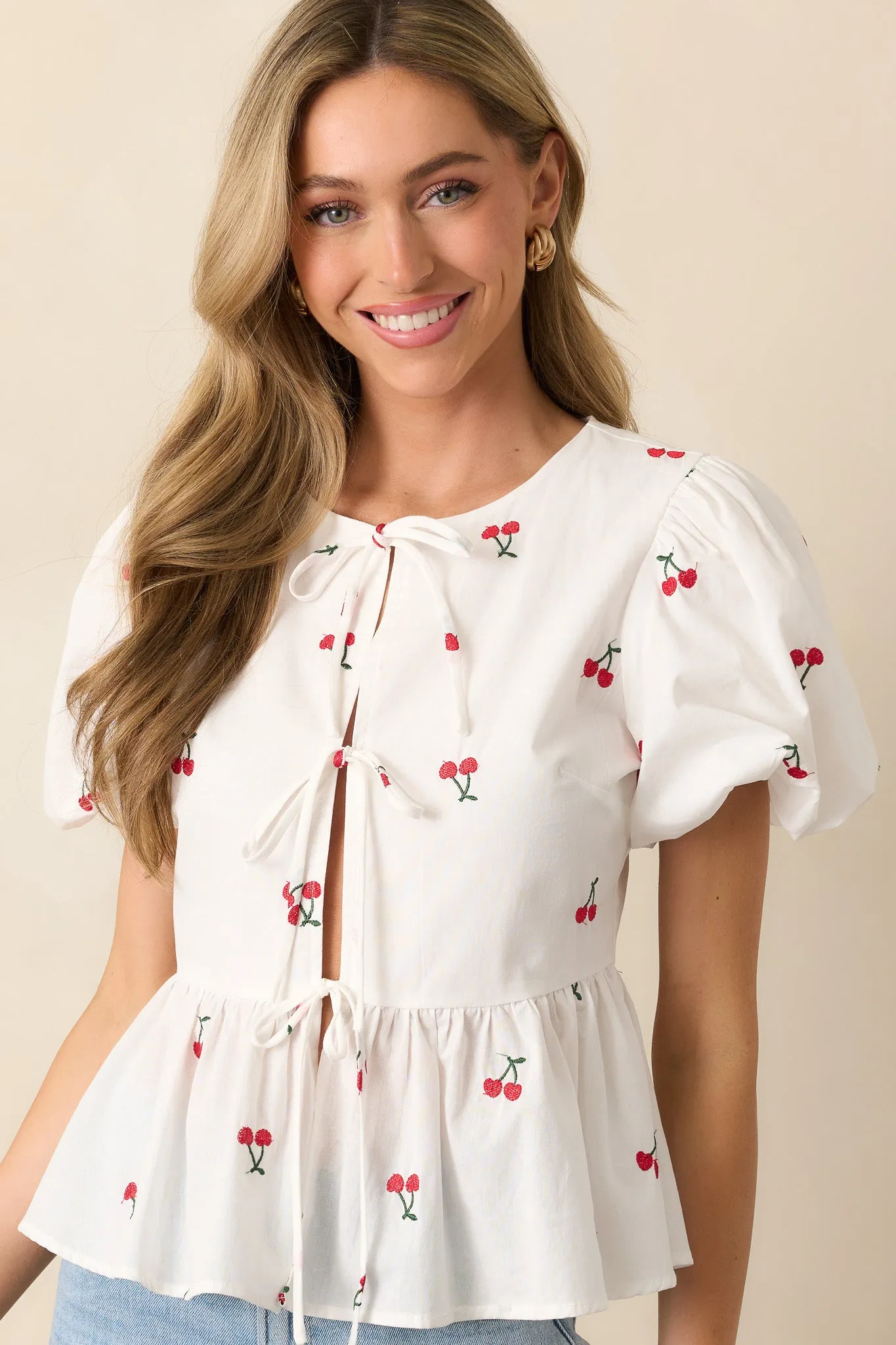 Pucker Up White Cotton Cherry Embroidered Peplum Top